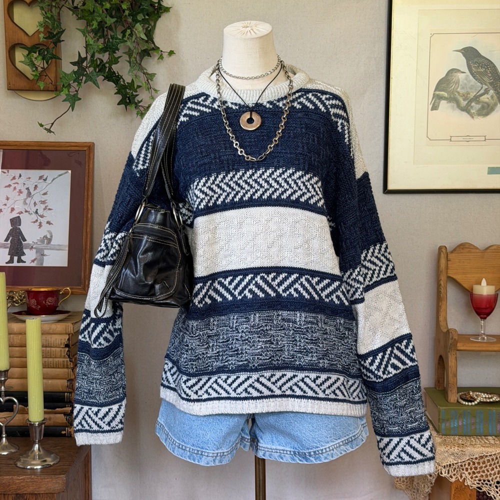 Blue Geometric Knit Oversized Sweater Gorpcore Vintage 90s M Grandpacore